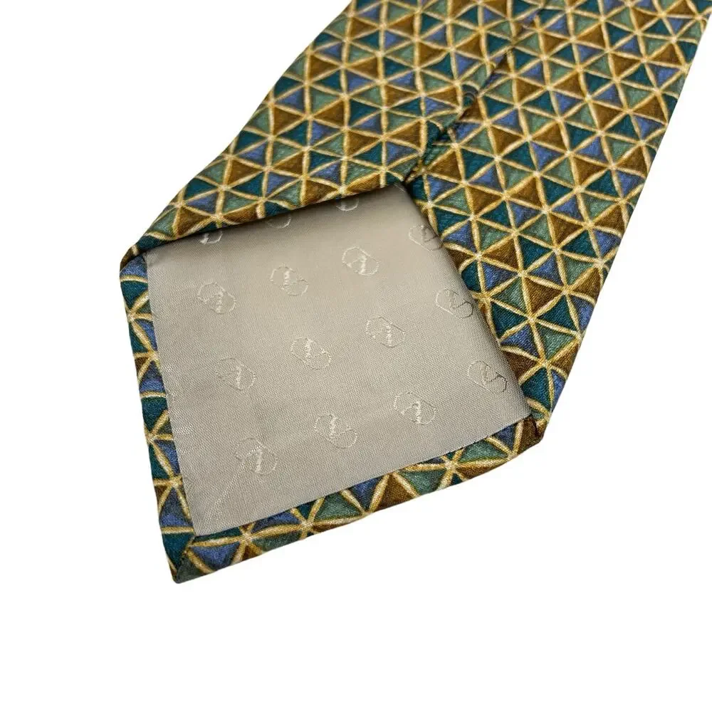 Vintage Valentino Cravatte Necktie Men's Gold Blue Geometric Silk Italy 1990s